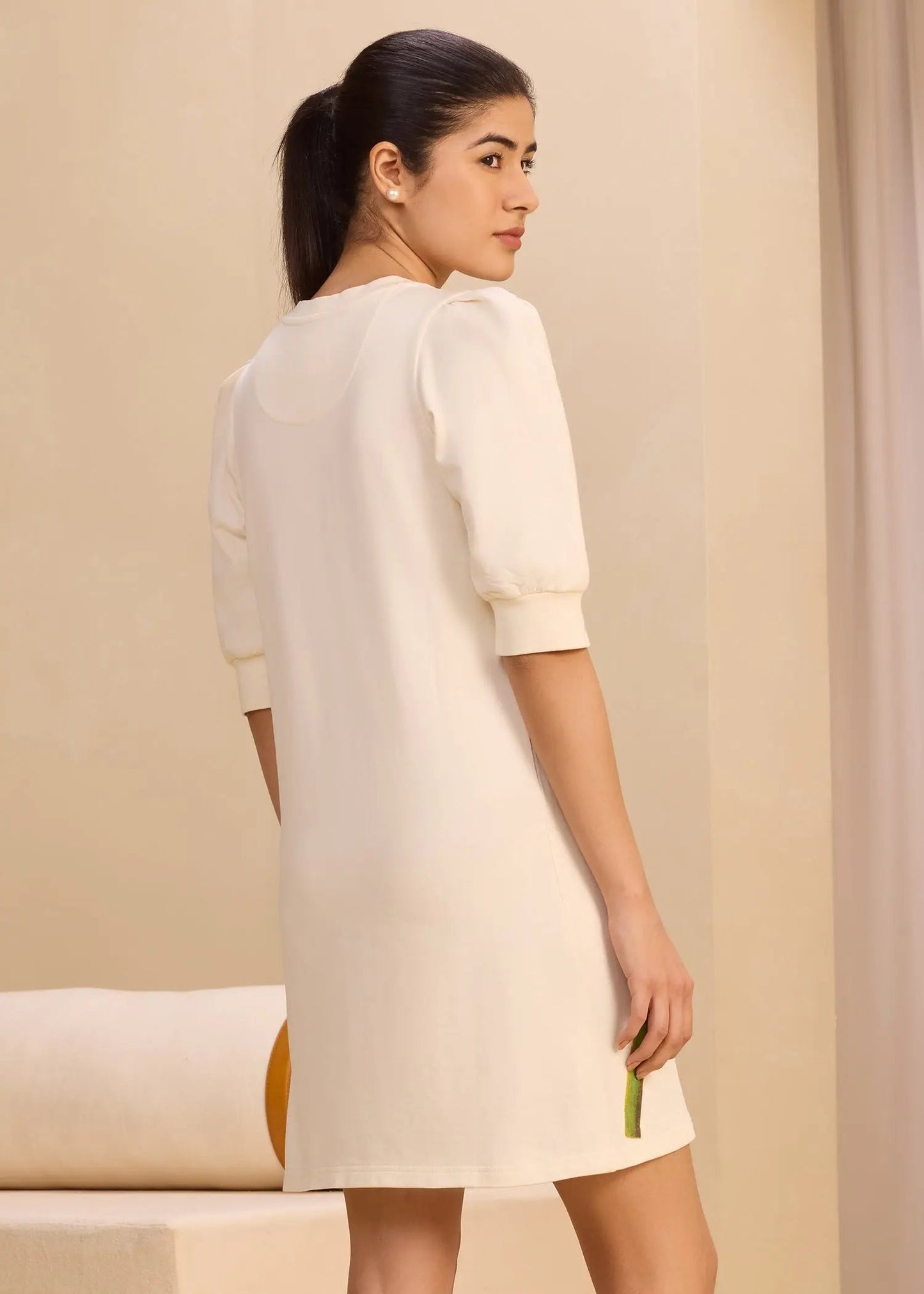 iCotton Print Pouf Sleeve Dress Alonge