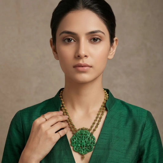 Gold And Green Beaded Carved Stone Pendant Necklace For Women