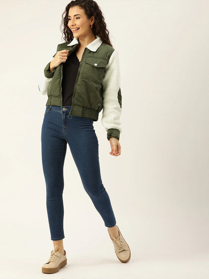 Olive Green Solid Puffer Jacket