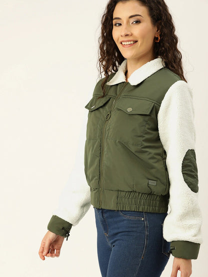 Olive Green Solid Puffer Jacket