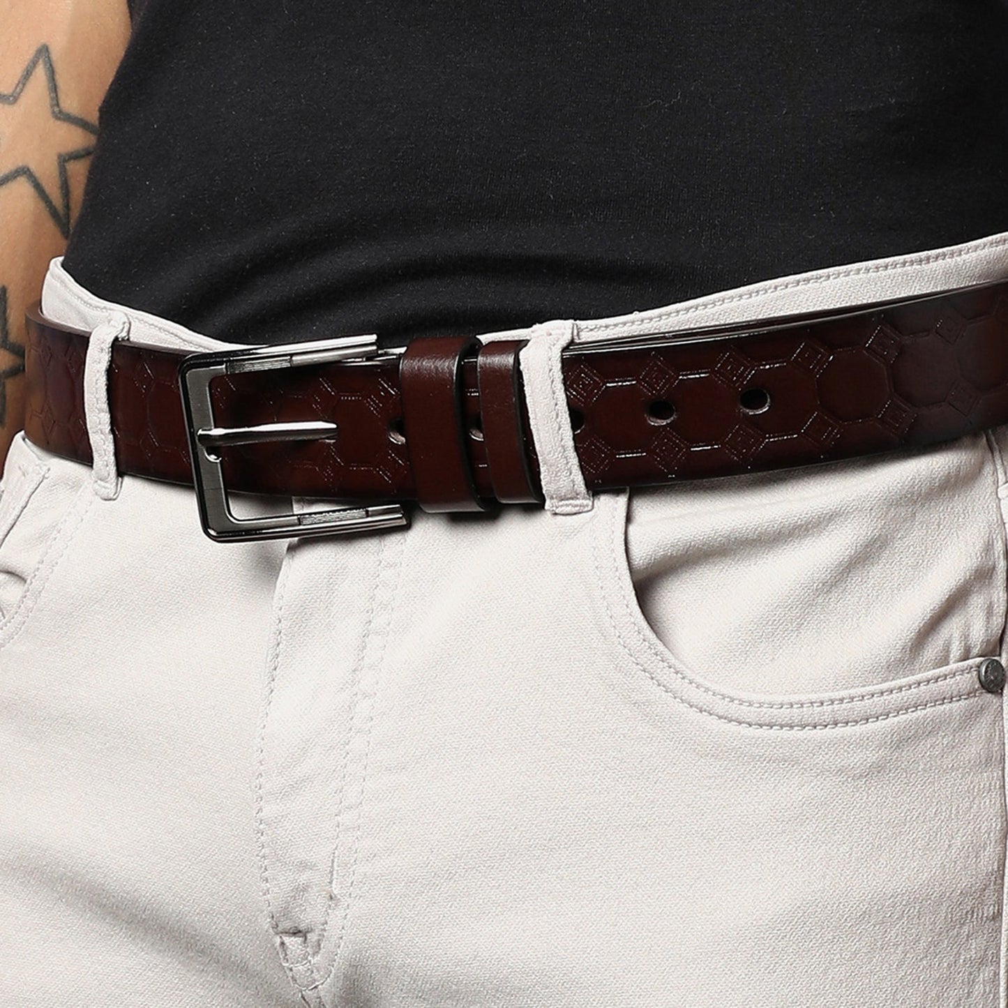 Men Brown Textured Waist Belt
