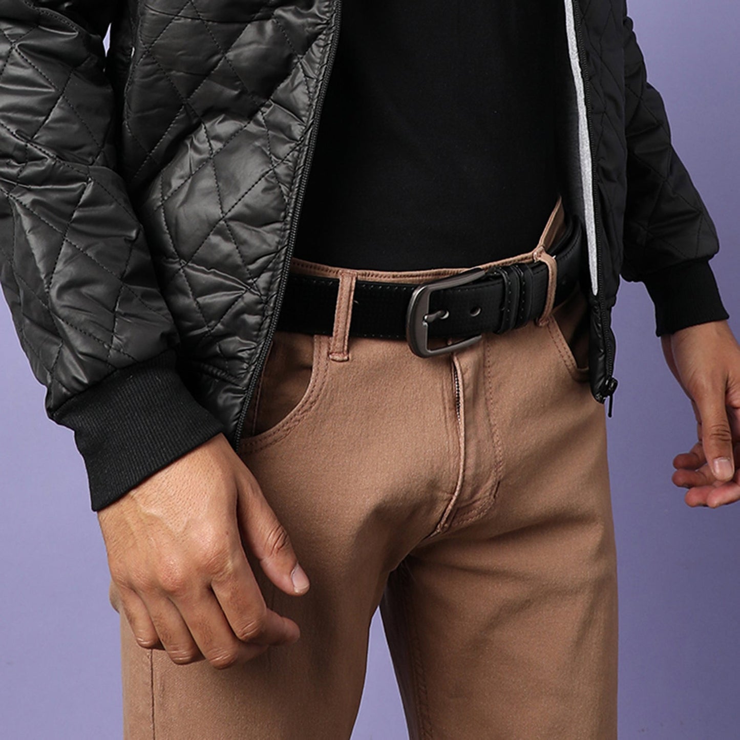 Men Black Textured Waist Belt