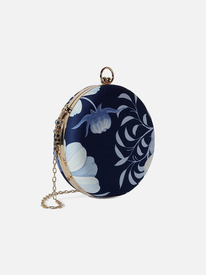 Indigo Blue Floral Printed Blended Fabric Clutch