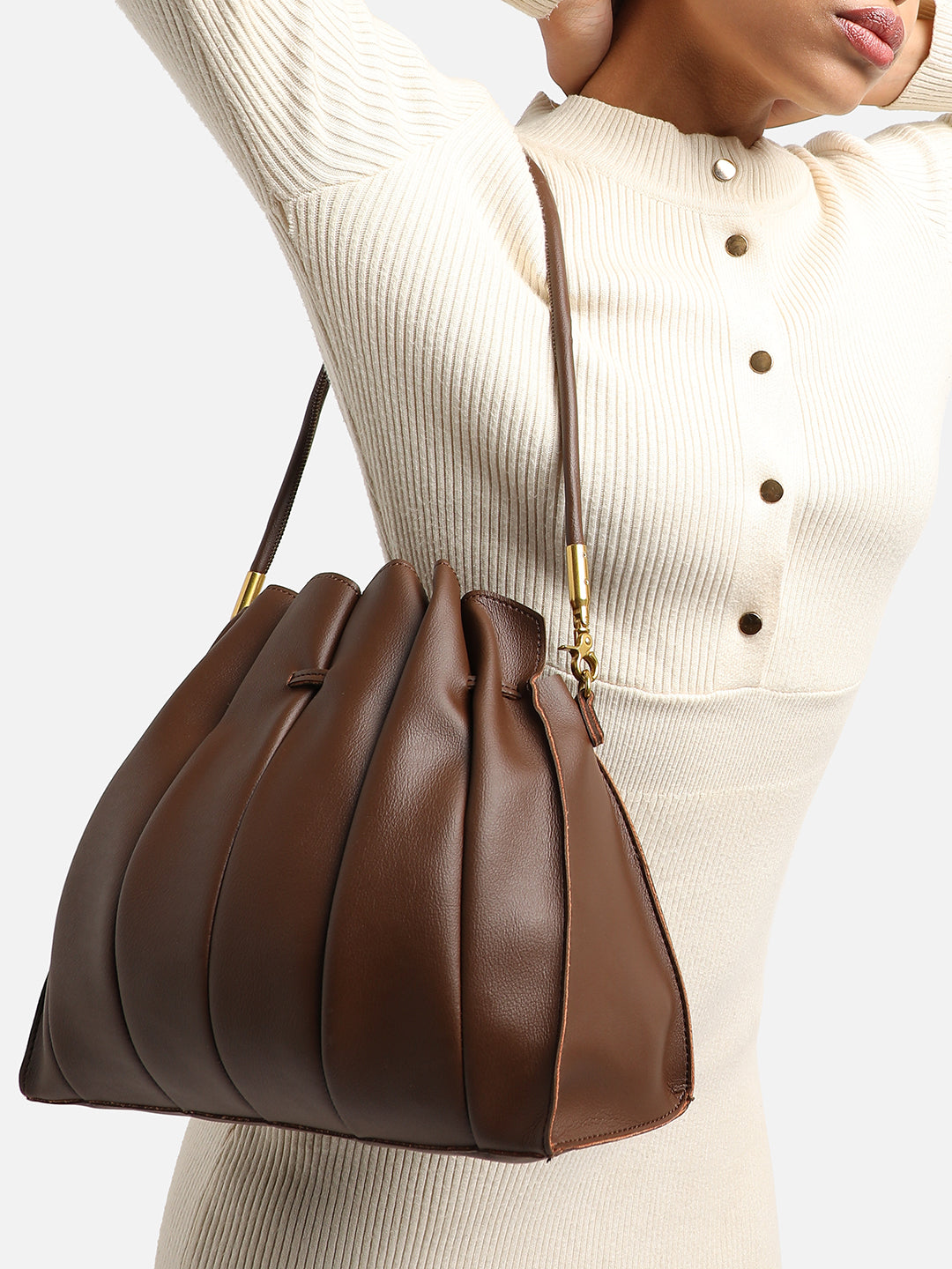 Tug-And-Go Dark Brown Bucket Bag