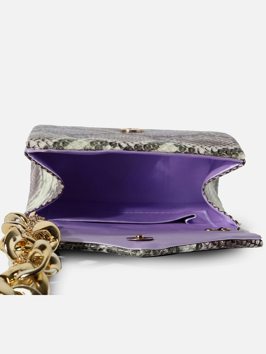 LAVENDER & MULTICOLOUR SNAKE PRINTED VEGAN LEATHER HAND BAG