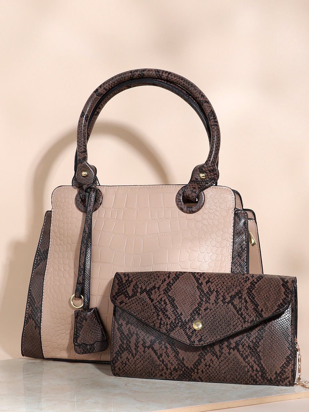 Aundrea Beige & Brown Handbag With Pouch & Wallet Set
