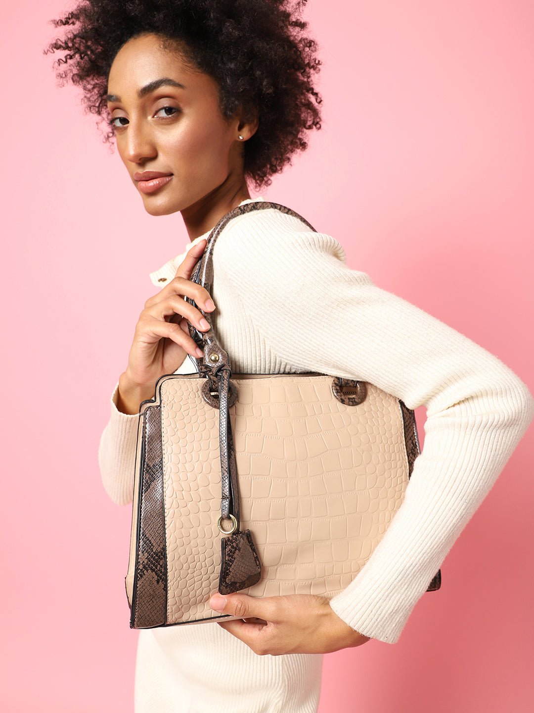 Aundrea Beige & Brown Handbag With Pouch & Wallet Set