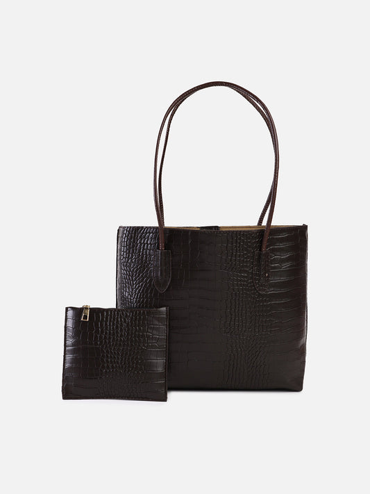 Coco Dark Brown Tote Bag With Pouch Set