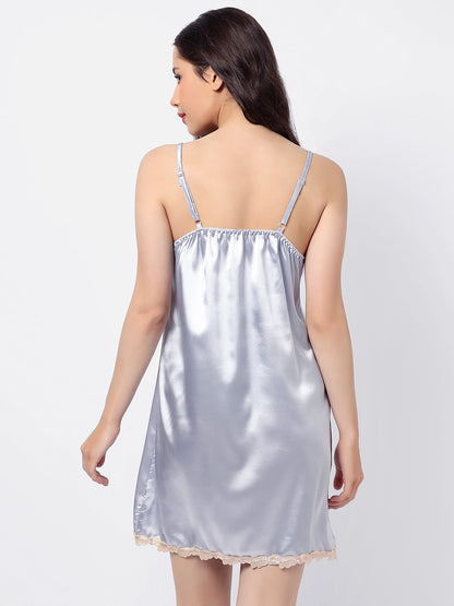Solid 2 Tops, Dress, Pyjama & Coat Satin Night Wear Set
