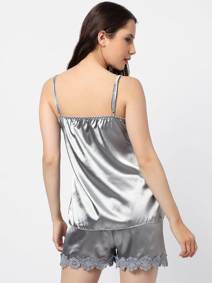 Solid Top & Short Satin Night Wear Set