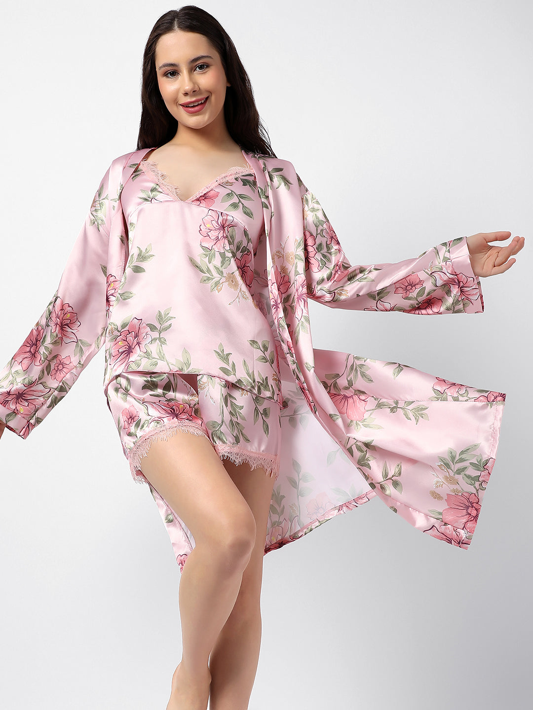 Floral Print 2 Tops, Dress, Pyjama & Coat Satin Night Wear Set