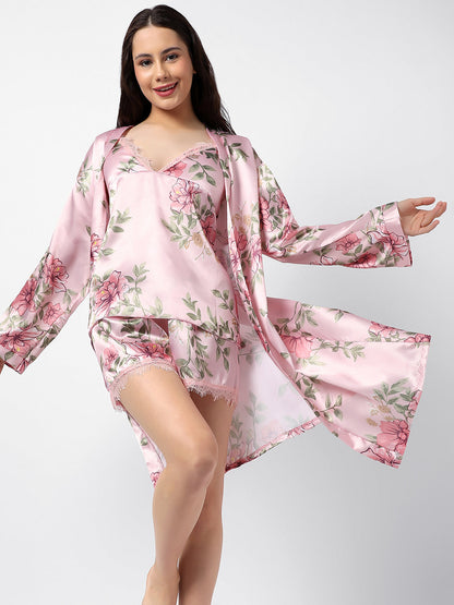 Floral Print 2 Tops, Dress, Pyjama & Coat Satin Night Wear Set