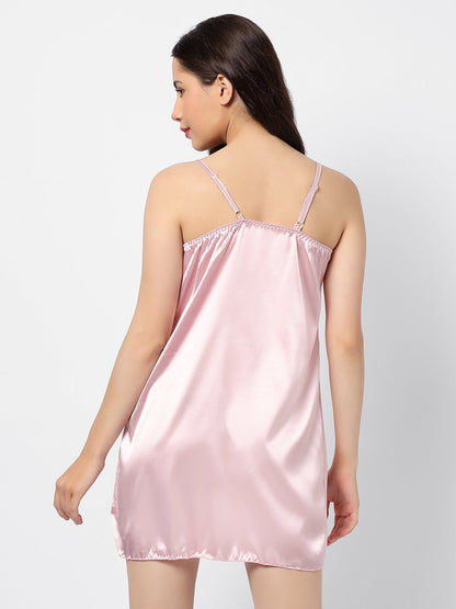 Solid Dress, Top, Short & Coat Satin Night Wear Set