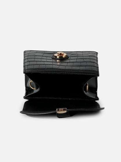 BLACK TEXTURED VEGAN LEATHER SLING BAG