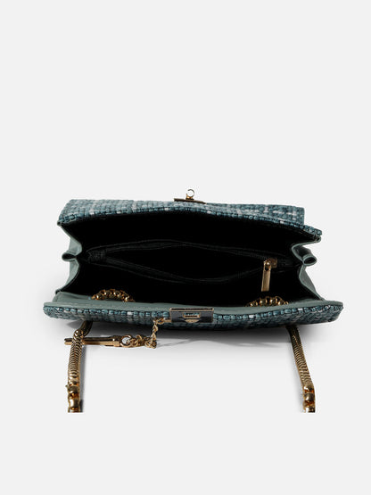 TEAL BLUE TEXTURED BLENDED FABRIC SLING BAG