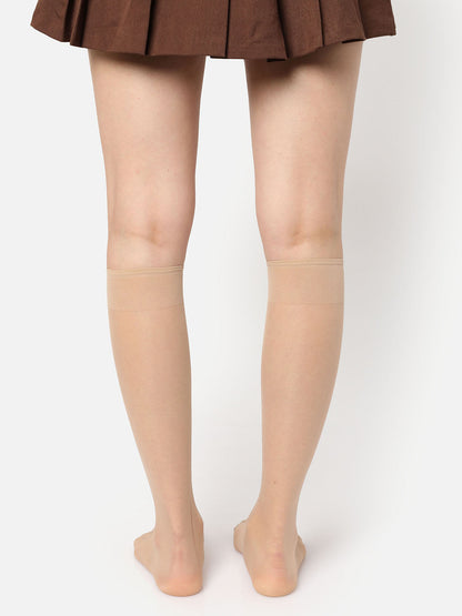 Beige Solid Knee High Stockings