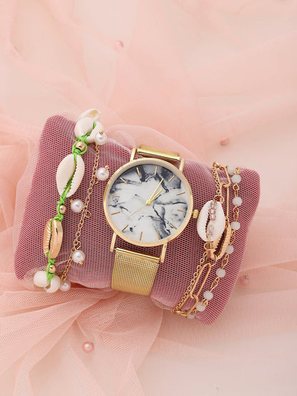 White Marble Analog Watch Round Dial With Gold Metal Mesh Strap Watch & Bracelets