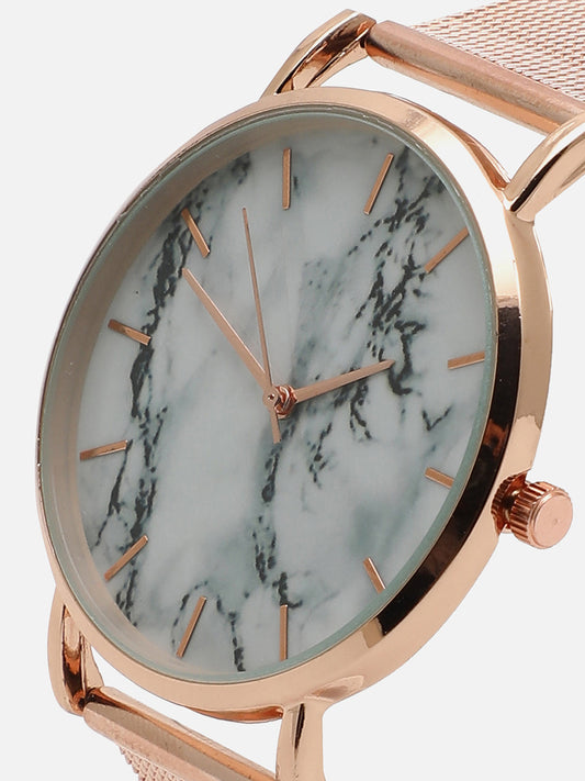 White Marble Analog Watch Round Dial With Gold Metal Mesh Strap Watch & Bracelets
