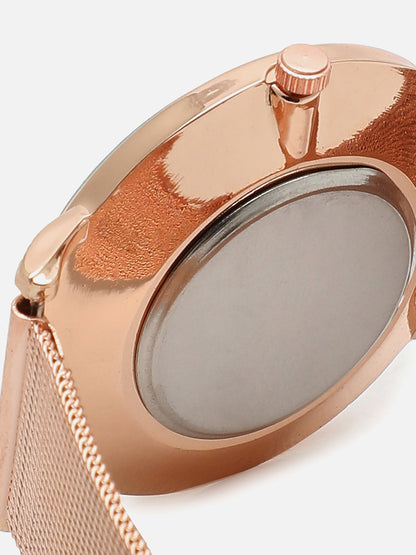 White Marble Analog Watch Round Dial With Gold Metal Mesh Strap Watch & Bracelets