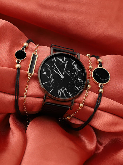 Black Marble Analog Round Dial With Black Leather Strap Watch & Bracelets