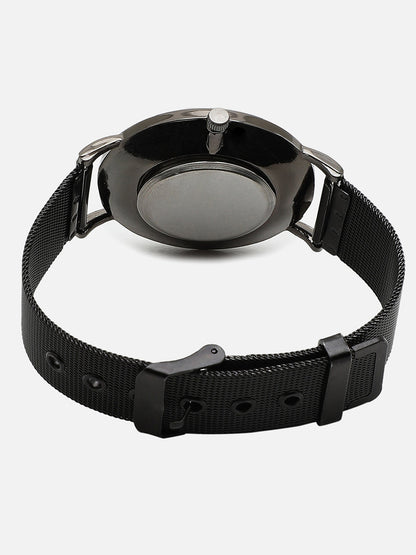Black Marble Analog Round Dial With Black Leather Strap Watch & Bracelets