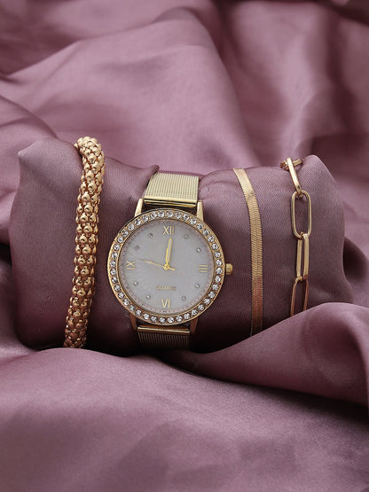 White Embellished Analog Round Dial & Gold Metal Strap Watch & Bracelets