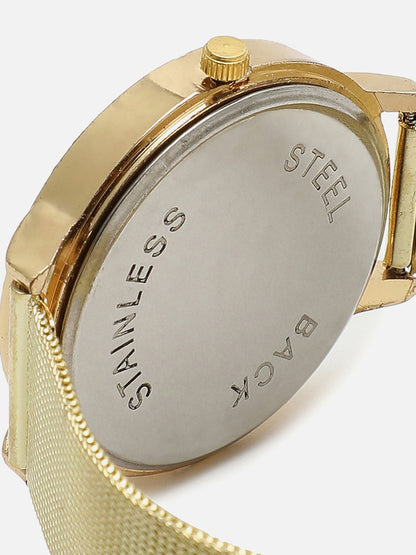 White Embellished Analog Round Dial & Gold Metal Strap Watch & Bracelets