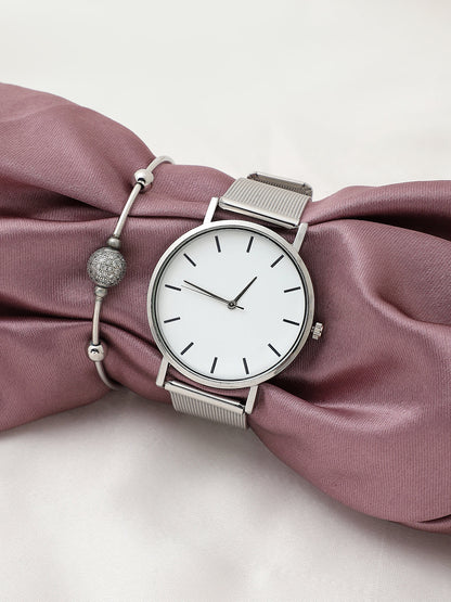 White Analog Round Dial With Silver Metal Mesh Strap Watch & Bracelet