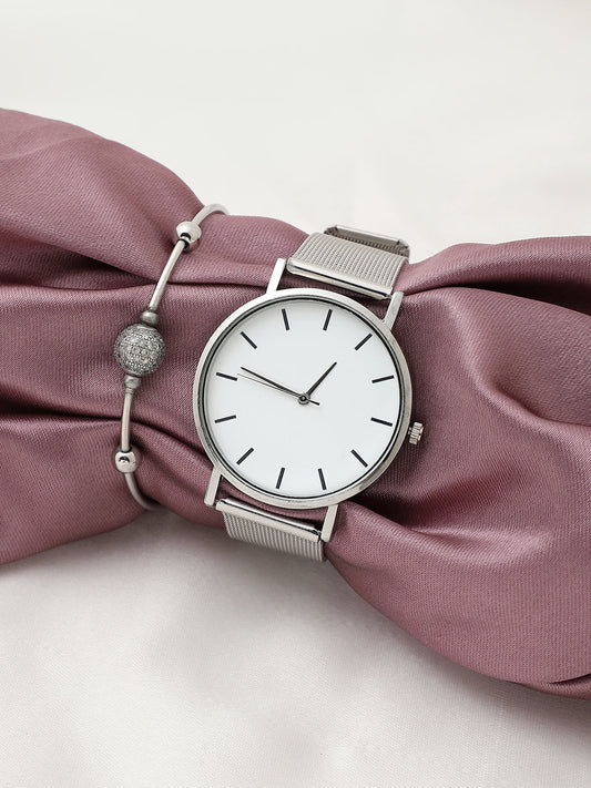 White Analog Round Dial With Silver Metal Mesh Strap Watch & Bracelet