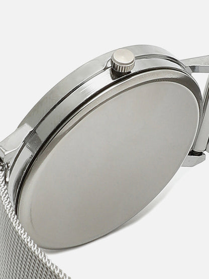 White Analog Round Dial With Silver Metal Mesh Strap Watch & Bracelet