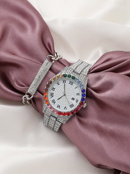 White Embellished Analog Round Dial With Crystal Stones Silver Metal Strap Watch & Bracelet