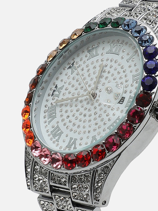 White Embellished Analog Round Dial With Crystal Stones Silver Metal Strap Watch & Bracelet