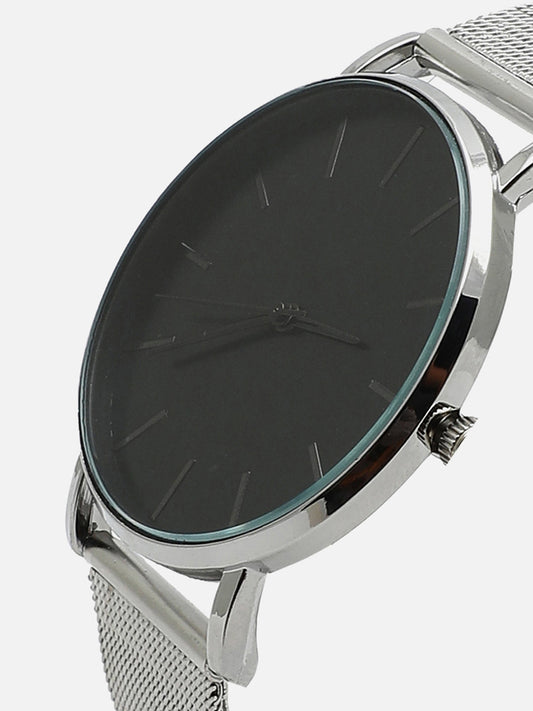 Sleek Grey Analog Round Dial With Metal Mesh Strap Watch & Bracelet