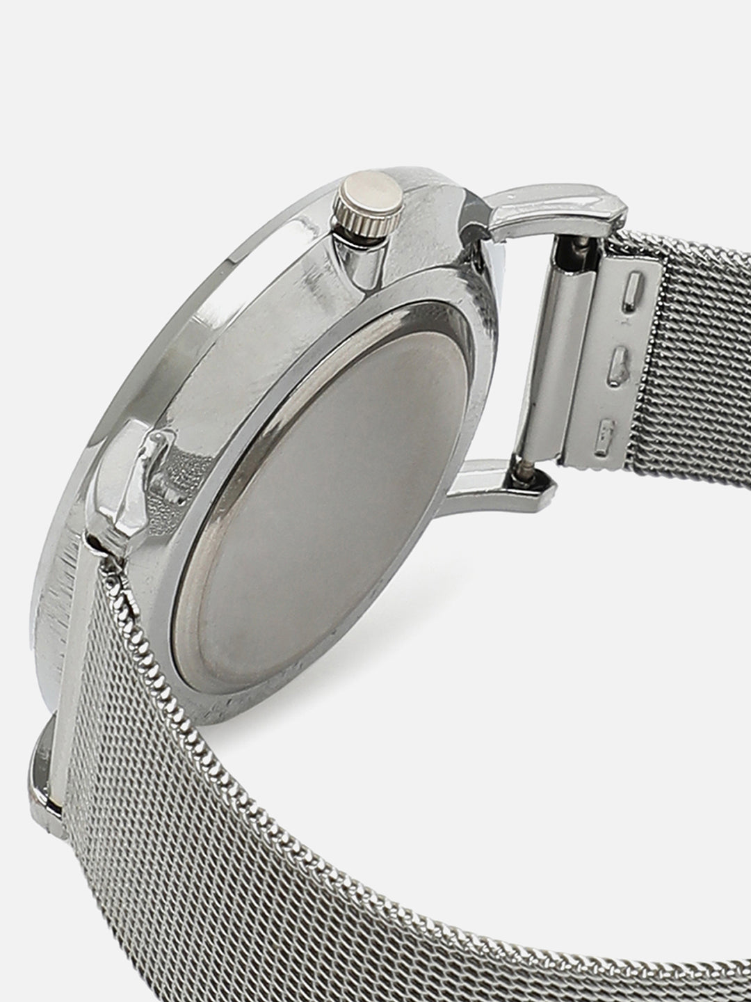 Sleek Grey Analog Round Dial With Metal Mesh Strap Watch & Bracelet