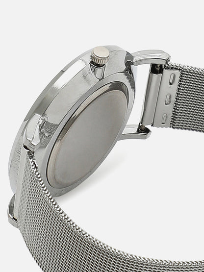 Sleek Grey Analog Round Dial With Metal Mesh Strap Watch & Bracelet