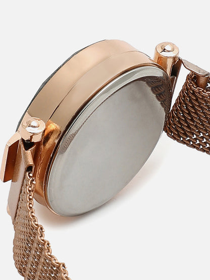Black Digital Diamond Cut Round Dial & Gold Mesh Metal Strap Watch & Bracelet