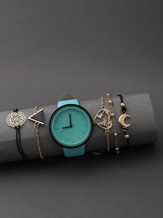 Blue Analog Round Dial With Black Hour Marker & Blue Leather Strap Watch & Bracelets