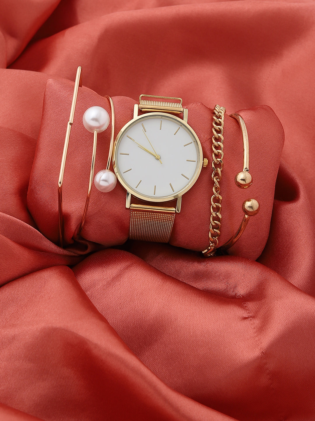 Sleek White Analog Round Dial With Gold Metal Mesh Strap Watch & Bracelet
