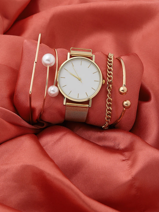 Sleek White Analog Round Dial With Gold Metal Mesh Strap Watch & Bracelet