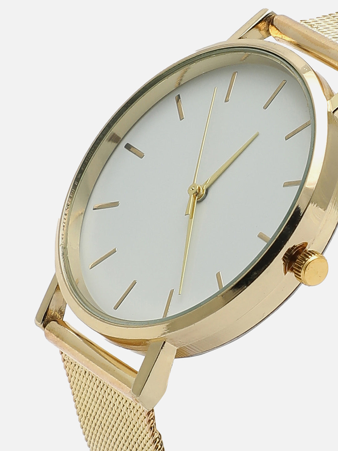 Sleek White Analog Round Dial With Gold Metal Mesh Strap Watch & Bracelet