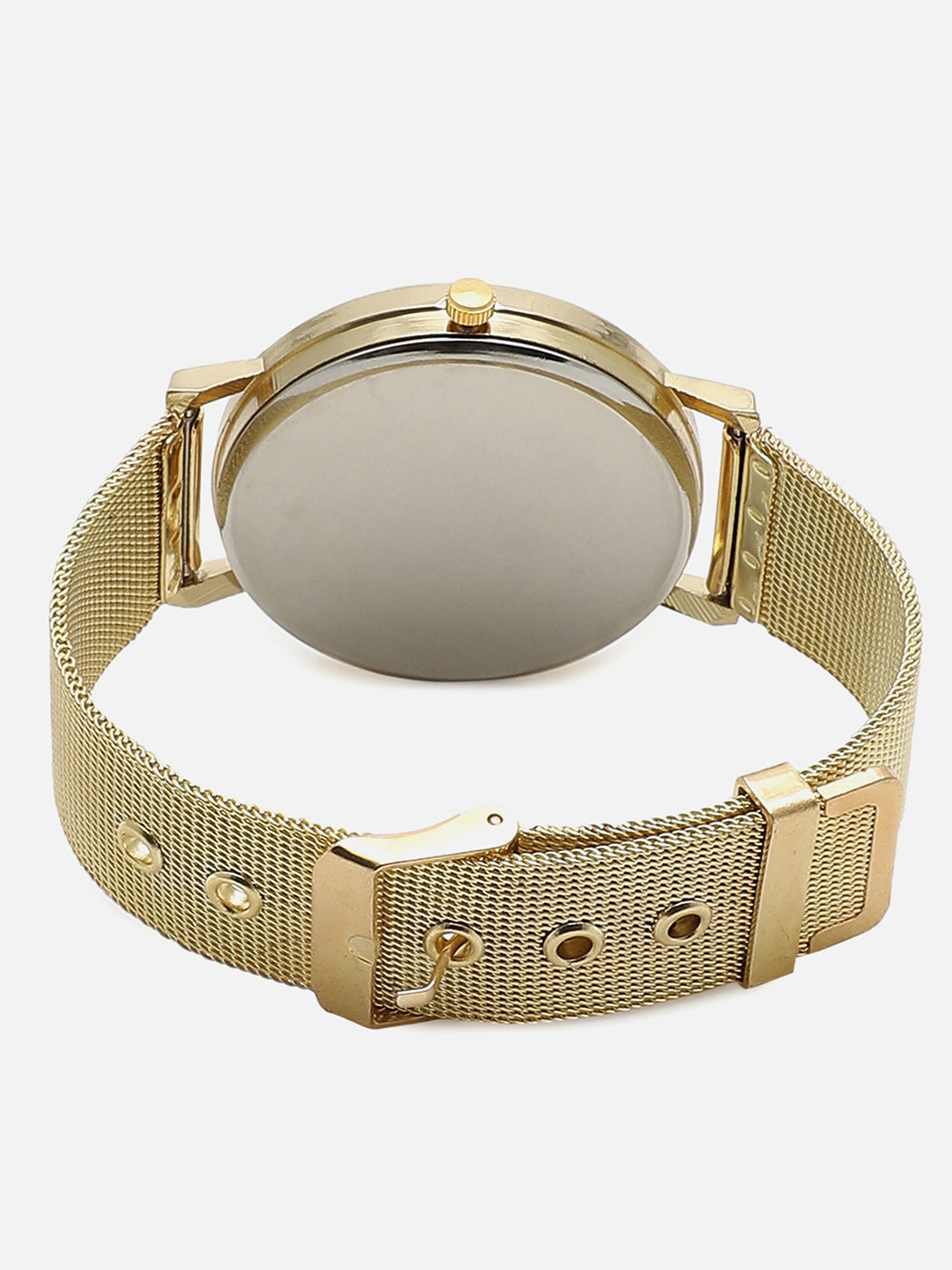 Sleek White Analog Round Dial With Gold Metal Mesh Strap Watch & Bracelet
