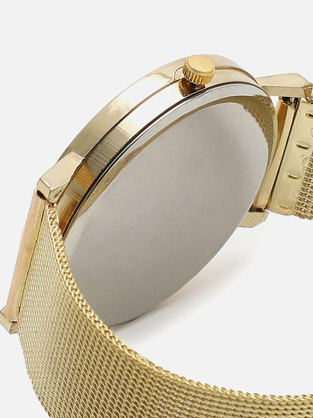 Sleek White Analog Round Dial With Gold Metal Mesh Strap Watch & Bracelet