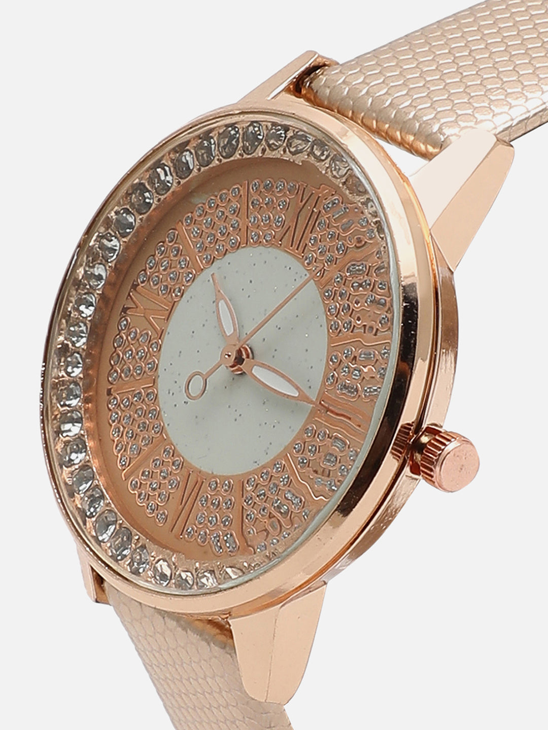 Gold Embellished Analog Round Dial With Gold Textured Leather Strap Watch & Bracelet