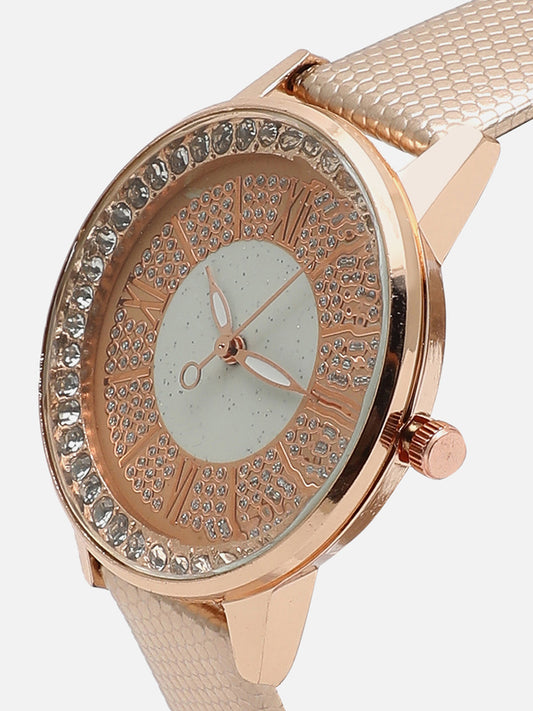 Gold Embellished Analog Round Dial With Gold Textured Leather Strap Watch & Bracelet