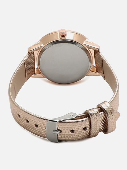 Gold Embellished Analog Round Dial With Gold Textured Leather Strap Watch & Bracelet