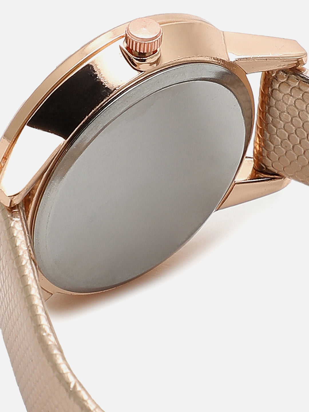 Gold Embellished Analog Round Dial With Gold Textured Leather Strap Watch & Bracelet