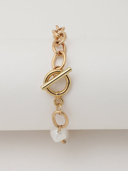 Gold Embellished Analog Round Dial With Gold Textured Leather Strap Watch & Bracelet