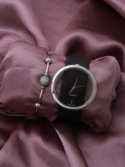 Transparent Analog Round Dial With Black Leather Strap Watch & Bracelet