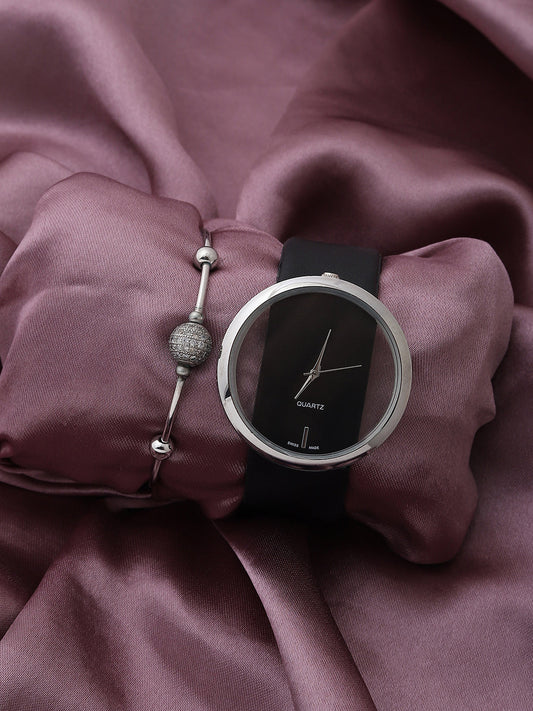 Transparent Analog Round Dial With Black Leather Strap Watch & Bracelet