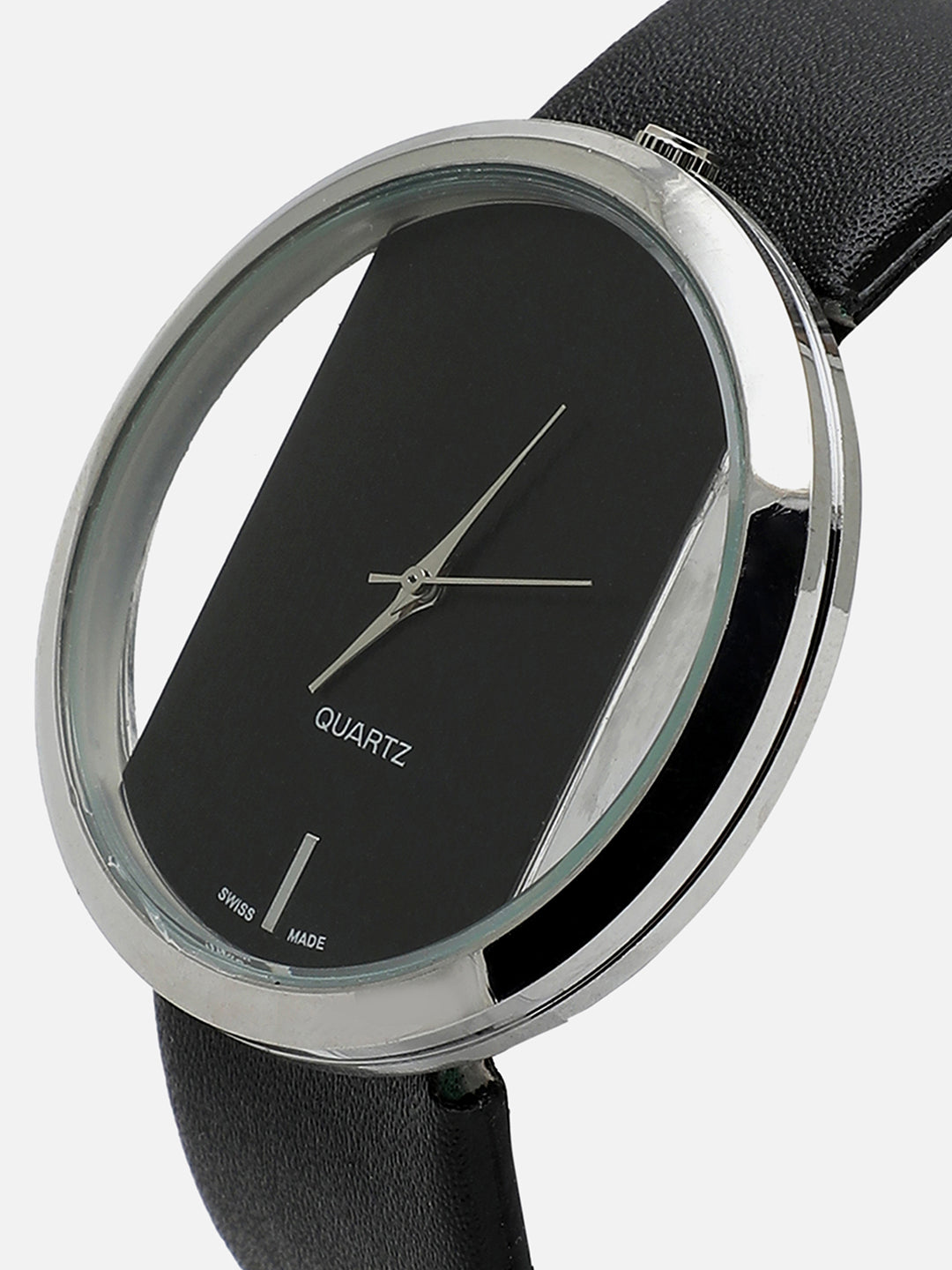 Transparent Analog Round Dial With Black Leather Strap Watch & Bracelet